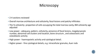  2-4 sections reviewed
 Overall marrow architecture and cellularity, focal lesions and patchy infiltrates
 The % cellularity- proportion of cells occupying the total marrow cavity, BM cellularity age
adjusted
 Low power - adequacy, pattern, cellularity, presence of focal lesions, megakaryocyte
number, abnormal cell clusters and location, bone structure , and osteoclastic and
osteoblastic activity
 High power - haemopoietic activity and cytological detail.
 Higher power - fine cytological details, e.g. intracellular granules, Auer rods
 