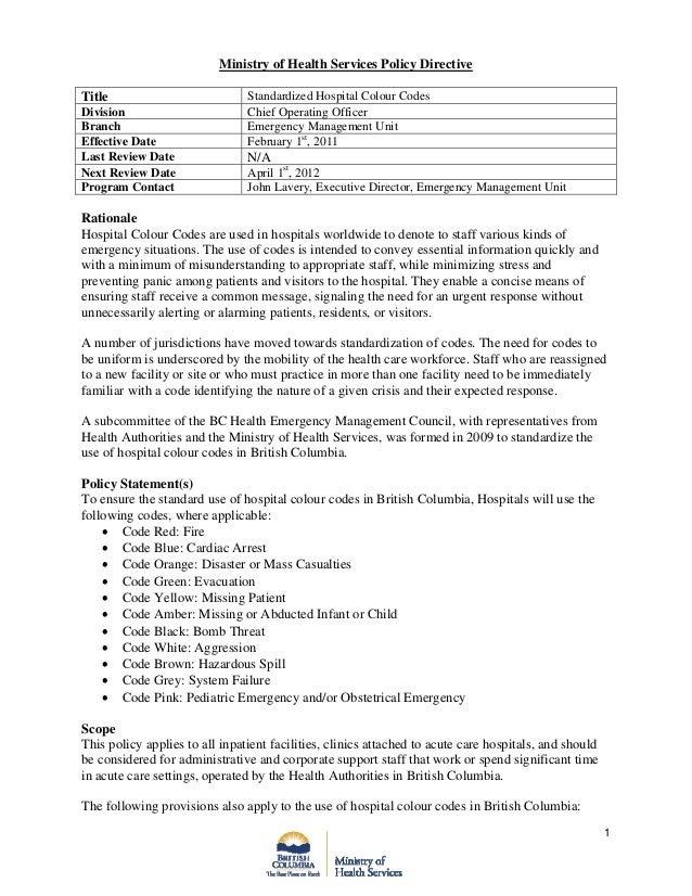 Standardized hospitalcolourcodes