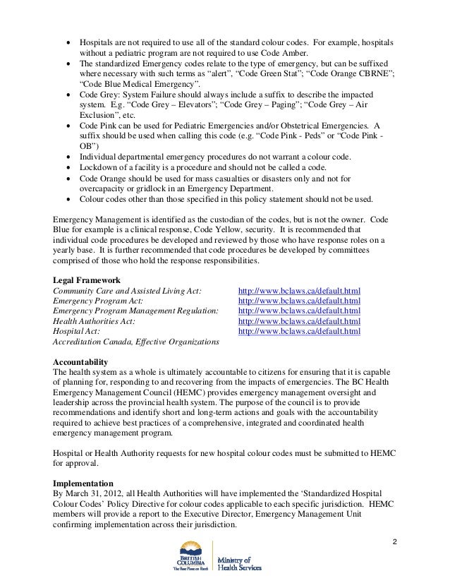 Standardized hospitalcolourcodes