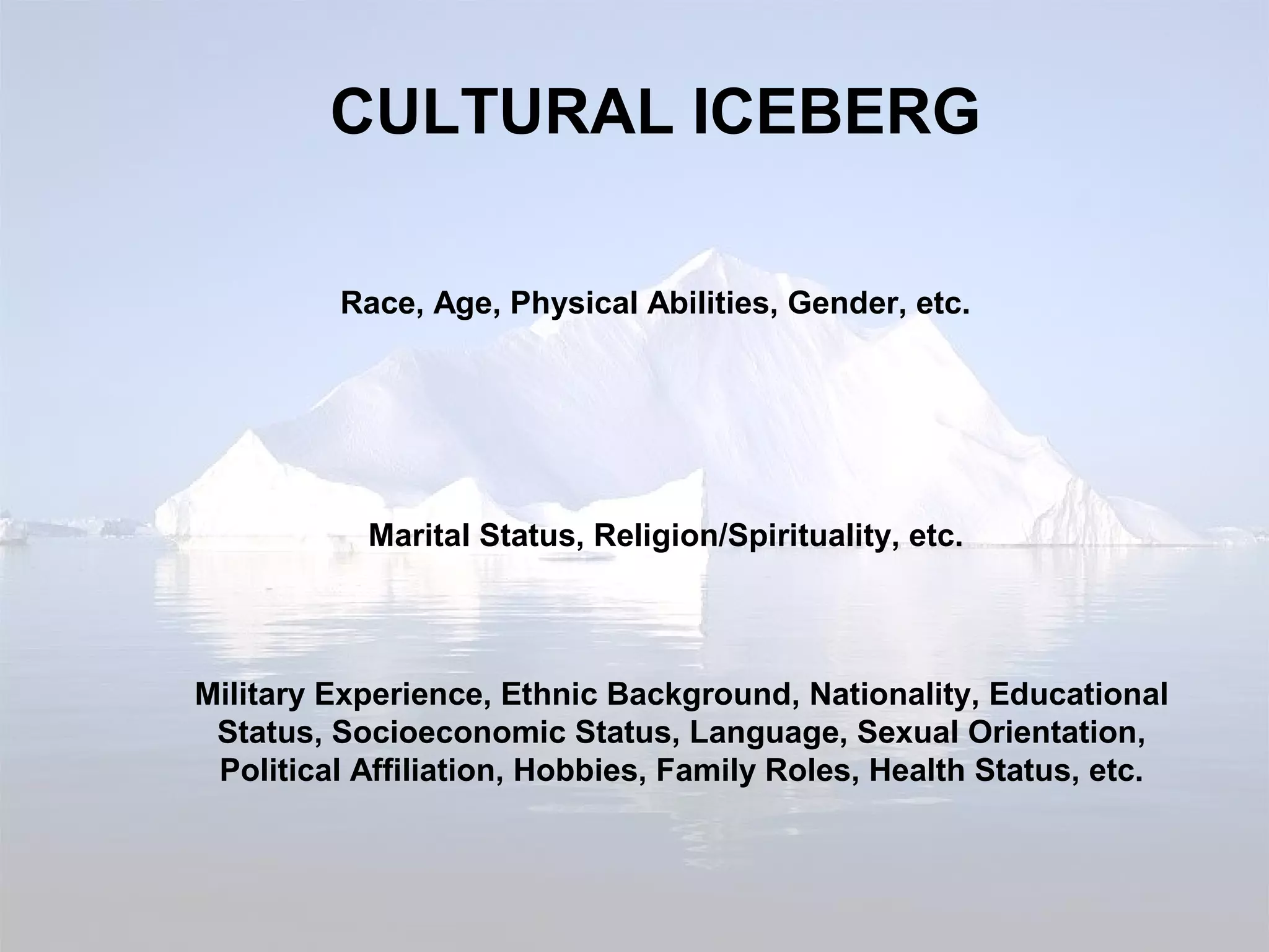 CULTURAL ICEBERG
Race, Age, Physical Abilities, Gender, etc.
Marital Status, Religion/Spirituality, etc.
Military Experience, Ethnic Background, Nationality, Educational
Status, Socioeconomic Status, Language, Sexual Orientation,
Political Affiliation, Hobbies, Family Roles, Health Status, etc.
 