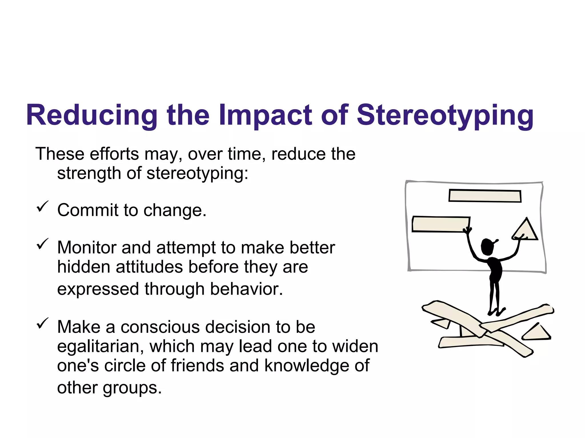 Reducing the Impact of Stereotyping
These efforts may, over time, reduce the
strength of stereotyping:
 Commit to change.
 Monitor and attempt to make better
hidden attitudes before they are
expressed through behavior.
 Make a conscious decision to be
egalitarian, which may lead one to widen
one's circle of friends and knowledge of
other groups.
 