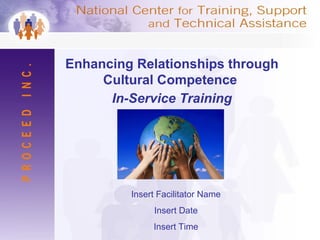 Enhancing Relationships through
Cultural Competence
In-Service Training
Insert Facilitator Name
Insert Date
Insert Time
 