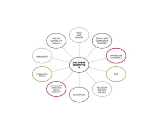 ABILITY
DISABILITY
(Hidden)
URBANICITY
IMMIGRATION
STATUS
ACCULTURATION
LANGUAGE
SOCIAL
IDENTITY
EDUCATION
RELIGION
BELIEFS
VALUES
SES
OPPRESSION
EXPERIENCE
FAMILY AND
COMMUNITY
SUPPORT
RACE
AGE
GENDER
CULTURAL
IDENTITIE
S
 