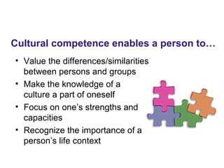 • Value the differences/similarities
between persons and groups
• Make the knowledge of a
culture a part of oneself
• Focus on one’s strengths and
capacities
• Recognize the importance of a
person’s life context
Cultural competence enables a person to…
 
