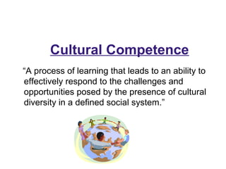 “A process of learning that leads to an ability to
effectively respond to the challenges and
opportunities posed by the presence of cultural
diversity in a defined social system.”
Cultural Competence
 