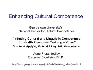 Enhancing Cultural Competence
Georgetown University’s
National Center for Cultural Competence
“Infusing Cultural and Linguistic Competence
into Health Promotion Training – Video”
Chapter 4: Applying Cultural & Linguistic Competence
Video Presented by:
Suzanne Bronheim, Ph.D.
http://nccc.georgetown.edu/projects/sids/dvd/view_online/p4a.html
 