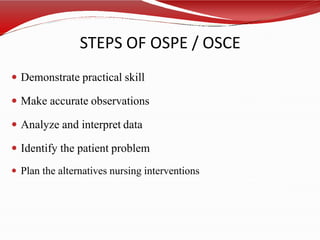 STEPS OF OSPE / OSCE
 Demonstrate practical skill
 Make accurate observations
 Analyze and interpret data
 Identify the patient problem
 Plan the alternatives nursing interventions
 