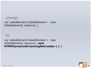 change
   var videoElement:VideoElement = new
   VideoElement( resource );



      to
   var videoElement:VideoElement = new
   VideoElement( resource , new
   RTMPDynamicStreamingNetLoader ( ) );




©2004-2010 R Blank                        52
 