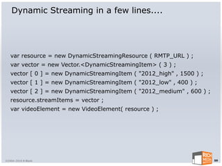 Dynamic Streaming in a few lines....




   var resource = new DynamicStreamingResource ( RMTP_URL ) ;
   var vector = new Vector.<DynamicStreamingItem> ( 3 ) ;
   vector [ 0 ] = new DynamicStreamingItem ( "2012_high" , 1500 ) ;
   vector [ 1 ] = new DynamicStreamingItem ( "2012_low" , 400 ) ;
   vector [ 2 ] = new DynamicStreamingItem ( "2012_medium" , 600 ) ;
   resource.streamItems = vector ;
   var videoElement = new VideoElement( resource ) ;




©2004-2010 R Blank                                                     59
 
