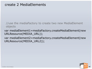 create 2 MediaElements




      //use the mediaFactory to create two new MediaElement
      objects
   var mediaElement1=mediaFactory.createMediaElement(new
   URLResource(MEDIA_URL));
   var mediaElement2=mediaFactory.createMediaElement(new
   URLResource(MEDIA_URL2));




©2004-2010 R Blank                                            65
 