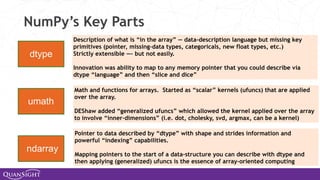 NumPy’s Key Parts
dtype
umath
ndarray
Description of what is “in the array” — data-description language but missing key
primitives (pointer, missing-data types, categoricals, new float types, etc.)
Strictly extensible —- but not easily.
Innovation was ability to map to any memory pointer that you could describe via
dtype “language” and then “slice and dice”
Pointer to data described by “dtype” with shape and strides information and
powerful “indexing” capabilities.
Mapping pointers to the start of a data-structure you can describe with dtype and
then applying (generalized) ufuncs is the essence of array-oriented computing
Math and functions for arrays. Started as “scalar” kernels (ufuncs) that are applied
over the array.
DEShaw added “generalized ufuncs” which allowed the kernel applied over the array
to involve “inner-dimensions” (i.e. dot, cholesky, svd, argmax, can be a kernel)
 