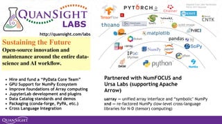 LABS
Sustaining the Future
Open-source innovation and
maintenance around the entire data-
science and AI workﬂow.
• Hire and fund a “PyData Core Team”
• GPU Support for NumPy Ecosystem
• Improve foundations of Array computing
• JupyterLab development and plugins
• Data Catalog standards and demos
• Packaging (conda-forge, PyPA, etc.)
• Cross Language Integration
uarray — unified array interface and “symbolic" NumPy
xnd — re-factored NumPy (low-level cross-language
libraries for N-D (tensor) computing)
Partnered with NumFOCUS and
Ursa Labs (supporting Apache
Arrow)
Bokeh
Adapted from Jake Vanderplas
PyCon 2017 Keynote
http://quansight.com/labs
 