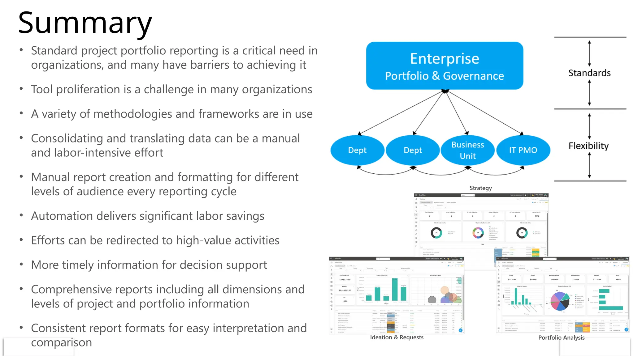 Summary
• Standard project portfolio reporting is a critical need in
organizations, and many have barriers to achieving it
• Tool proliferation is a challenge in many organizations
• A variety of methodologies and frameworks are in use
• Consolidating and translating data can be a manual
and labor-intensive effort
• Manual report creation and formatting for different
levels of audience every reporting cycle
• Automation delivers significant labor savings
• Efforts can be redirected to high-value activities
• More timely information for decision support
• Comprehensive reports including all dimensions and
levels of project and portfolio information
• Consistent report formats for easy interpretation and
comparison
 