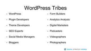 WordPress Tribes
• WordPress
• Plugin Developers
• Theme Developers
• SEO Experts
• Social Media Managers
• Bloggers
• For...