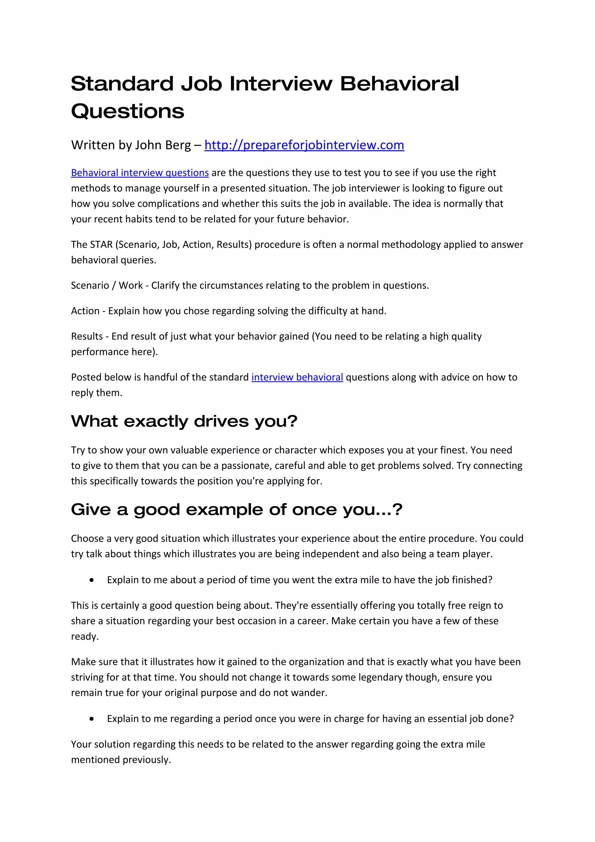 Standard Job Interview Behavioral Questions | PDF