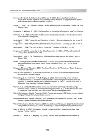 Standard Kualiti Pendidikan Malaysia 2010

Sammons, P., Nuttall, D., Cuttance, P. and Thomas, S. (1995). Continuity of school effects: a
longitudinal analysis of primary and secondary school effects on GCSE performance: School
Effectiveness and School Improvement 6,285-307
Sanger, J. (1996). The Complete Observer?, A field research guide to observation. London: UK. The
Falmer Press.
Scheerens, J., & Bosker, R. (1997). The foundations of educational effectiveness. New York: Elsevier.
Schlechty, P. C. (1990). Schools for the 21st century: Leadership imperatives for educational reform.
San Francisco: Jossey Bass .
Sergiovanni, T (1984). "Leadership and Excellence in School ", Education Leadership, vol. 41, pp. 413.
Sergiovanni, T (1992). "Why We Should Seek Substitutes", Education Leadership, vol. 49, pp. 41-45.
Sergiovanni, T (1994). "The roots of School Leadership", Principal, vol.74, No. 2, pp. 6-8.
Sergiovanni, T. (1996). Leadership for the Schoolhouse: How Is It Different? Why Is It important?,
Jossey-Bass, San Fransisco, USA.
Sergiovanni, T. (2001), The Principalship: A Reflective Practice Perspective (4th edition), Allyn &
Bacon, USA.
Shahril Charil Hj Marzuki, and Muhammad Faizal A. Ghani, (2007) Pembentukan Model Sekolah
Berkesan Malaysia: Satu Kajian Delphi. Jurnal Pendidikan, 27 (1). pp. 179-199. ISSN
01265261
Singapore, Ministry of Education. (2006) The School Excellence Self Assessment Guide. Singapore:
Ministry of Education.
Smith, D. and Tomlinson, S. (1989) The School Effect: A Study of Multi-Racial Comprehensives.
London: Policy Studies Institute
Vanderstoep, S. W., Anderman, F. M., & Midgley, C. (2005). The relationship among principal
“venturesomeness”, a stress on excellence and the personal engagement of teachers and
students. School Effectiveness and School Improvement, 5, 254-271. Dimuat turun pada 18
Disember, 2006, daripada ProQuest database.
Wicklein, R. C. (1993). Identifying critical issues and problems in technology education using a
modified-Delphi Technique. Journal of Technology Education, 5(1), 34-45. Dimuat turun pada
23 Disember, 2006, daripada http://scholar.lib.vt.edu/ejournals/ej-search.html
Wilayah Persekutuan, Jabatan Pelajaran. (2008). Panduan pengurusan HEM. Kuala Lumpur: Jabatan
Pelajaran Wilayah Persekutuan Kuala Lumpur.
Wilayah Persekutuan, Jabatan Pelajaran.(2002). Buku Panduan Pengurusan Sekolah, Jilid 1. Kuala
Lumpur: Jabatan Pelajaran Wilayah Persekutuan.
Wilayah Persekutuan, Jabatan Pelajaran.(2004). Garis Panduan Pengurusan Disiplin Sekolah-sekolah
Wilayah Persekutuan Kuala Lumpur. Kuala Lumpur: Jabatan Pelajaran Wilayah Persekutuan.
Wiles, J. & Bondi, J. (2000). Supervision: A guide to practice (5th Ed). Upper Saddle River, New
Jersey: Practise-Hall, Inc.
Williams, D.L., Boone, R., & Kingsley, K.V. (2004). Teacher belief about educational software: A
104

102

 