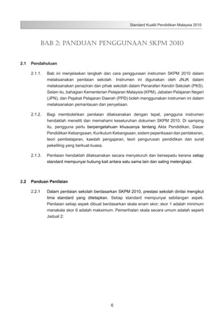 Standard Kualiti Pendidikan Malaysia 2010

Bab 2: PANDUAN PENGGUNAAN SKPM 2010
2.1	 Pendahuluan
2.1.1.	

Bab ini menjelaskan langkah dan cara penggunaan instrumen SKPM 2010 dalam
melaksanakan penilaian sekolah. Instrumen ini digunakan oleh JNJK dalam
melaksanakan penaziran dan pihak sekolah dalam Penarafan Kendiri Sekolah (PKS).
Selain itu, bahagian Kementerian Pelajaran Malaysia (KPM), Jabatan Pelajaran Negeri
(JPN), dan Pejabat Pelajaran Daerah (PPD) boleh menggunakan instrumen ini dalam
melaksanakan pemantauan dan penyeliaan.

2.1.2.	

Bagi membolehkan penilaian dilaksanakan dengan tepat, pengguna instrumen
hendaklah meneliti dan memahami keseluruhan dokumen SKPM 2010. Di samping
itu, pengguna perlu berpengetahuan khususnya tentang Akta Pendidikan, Dasar
Pendidikan Kebangsaan, Kurikulum Kebangsaan, sistem peperiksaan dan pentaksiran,
teori pembelajaran, kaedah pengajaran, teori pengurusan pendidikan dan surat
pekeliling yang berkuat kuasa.

2.1.3.	

Penilaian hendaklah dilaksanakan secara menyeluruh dan bersepadu kerana setiap
standard mempunyai hubung kait antara satu sama lain dan saling melengkapi.

2.2	 Panduan Penilaian
2.2.1	

Dalam penilaian sekolah berdasarkan SKPM 2010, prestasi sekolah dinilai mengikut
lima standard yang ditetapkan. Setiap standard mempunyai sebilangan aspek.
Penilaian setiap aspek dibuat berdasarkan skala enam skor; skor 1 adalah minimum
manakala skor 6 adalah maksimum. Pemerihalan skala secara umum adalah seperti
Jadual 2:

6

 