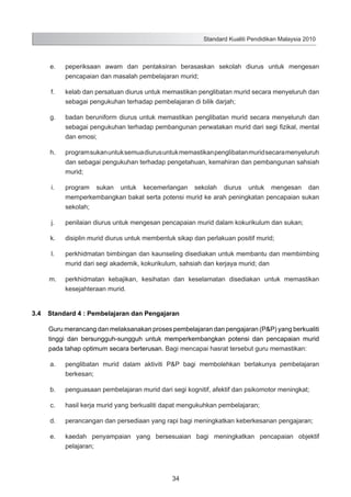Standard Kualiti Pendidikan Malaysia 2010

	

e.	

peperiksaan awam dan pentaksiran berasaskan sekolah diurus untuk mengesan
pencapaian dan masalah pembelajaran murid;

	

f.	

kelab dan persatuan diurus untuk memastikan penglibatan murid secara menyeluruh dan
sebagai pengukuhan terhadap pembelajaran di bilik darjah;

	

g.	

badan beruniform diurus untuk memastikan penglibatan murid secara menyeluruh dan
sebagai pengukuhan terhadap pembangunan perwatakan murid dari segi fizikal, mental
dan emosi;

	

h.	

program sukan untuk semua diurus untuk memastikan penglibatan murid secara menyeluruh
dan sebagai pengukuhan terhadap pengetahuan, kemahiran dan pembangunan sahsiah
murid;

	

i.	

program sukan untuk kecemerlangan sekolah diurus untuk mengesan dan
memperkembangkan bakat serta potensi murid ke arah peningkatan pencapaian sukan
sekolah;

	

j.	

penilaian diurus untuk mengesan pencapaian murid dalam kokurikulum dan sukan;

	

k.	

disiplin murid diurus untuk membentuk sikap dan perlakuan positif murid;

	

l.	

perkhidmatan bimbingan dan kaunseling disediakan untuk membantu dan membimbing
murid dari segi akademik, kokurikulum, sahsiah dan kerjaya murid; dan

	

m.	

perkhidmatan kebajikan, kesihatan dan keselamatan disediakan untuk memastikan
kesejahteraan murid.

3.4	 Standard 4 : Pembelajaran dan Pengajaran
Guru merancang dan melaksanakan proses pembelajaran dan pengajaran (P&P) yang berkualiti
tinggi dan bersungguh-sungguh untuk memperkembangkan potensi dan pencapaian murid
pada tahap optimum secara berterusan. Bagi mencapai hasrat tersebut guru memastikan:
	

a.	

penglibatan murid dalam aktiviti P&P bagi membolehkan berlakunya pembelajaran
berkesan;

	

b.	

penguasaan pembelajaran murid dari segi kognitif, afektif dan psikomotor meningkat;

	

c.	

hasil kerja murid yang berkualiti dapat mengukuhkan pembelajaran;

	

d.	

perancangan dan persediaan yang rapi bagi meningkatkan keberkesanan pengajaran;

	

e.	

kaedah penyampaian yang bersesuaian bagi meningkatkan pencapaian objektif
pelajaran;

34

 