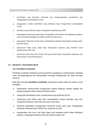 Standard Kualiti Pendidikan Malaysia 2010

	

f.	

komunikasi yang berkesan memudah dan mempercepatkan pemahaman dan
menggalakkan pembelajaran murid;

	

g.	

penggunaan sumber pendidikan yang berkesan bagi mengukuhkan pembelajaran
murid;

	

h.	

penilaian yang berterusan bagi meningkatkan keberkesanan P&P;

	

i.	

kepelbagaian teknik penyoalan bagi meningkatkan pemahaman dan kejelasan pelajaran
serta memperkembangkan pemikiran kreatif dan kritis murid;

	

j.	

penguasaan fakta dan konsep bagi membolehkan pelajaran disampaikan dengan yakin,
jelas dan tepat;

	

k.	

pengurusan kelas yang cekap bagi mewujudkan suasana yang kondusif untuk
keberkesanan P&P; dan

	

l.	

pematuhan etika kerja dan amalan nilai yang positif bagi mewujudkan keyakinan dan
kepercayaan murid terhadap guru.

3.5	 Standard 5 : Kemenjadian Murid
3.5.1 Pendidikan Prasekolah
Pendidikan di sekolah melahirkan murid yang berilmu pengetahuan, berketrampilan, berakhlak
mulia, bertanggungjawab dan berkeupayaan mencapai kesejahteraan diri. Bagi mencapai
hasrat ini:
Pada akhir peringkat pendidikan prasekolah, bersesuaian dengan tahap dan potensi, murid
hendaklah:
	

a.	

berkebolehan berkomunikasi menggunakan bahasa Malaysia, bahasa Inggeris dan
bahasa pengantar dalam konteks kehidupan harian;

	

b.	

mempunyai kematangan emosi, konsep kendiri yang positif dan jati diri;

	

c.	

mempunyai tubuh badan yang sihat, mempraktikkan amalan kesihatan yang baik,
menguasai kemahiran motor halus dan asas motor kasar;

	

d.	

meneroka persekitaran menggunakan kemahiran proses sains asas, menggunakan
kemahiran matematik asas, berfikir kritis, kreatif dan inovatif;

	

e.	

mengamalkan nilai murni, nilai Islam (bagi murid beragama Islam) dalam kehidupan
seharian, menghargai keindahan alam dan warisan budaya; dan

35

 
