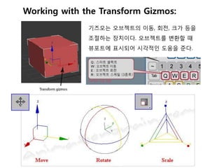 Working with the Transform Gizmos:
기즈모는 오브젝트의 이동, 회전, 크가 등을
조절하는 장치이다. 오브젝트를 변환할 때
뷰포트에 표시되어 시각적인 도움을 준다.
 