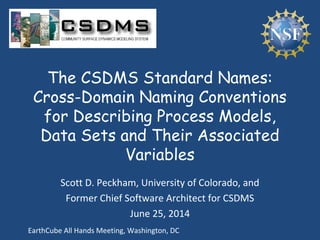The CSDMS Standard Names:
Cross-Domain Naming Conventions
for Describing Process Models,
Data Sets and Their Associated
Variables
Scott D. Peckham, University of Colorado, and
Former Chief Software Architect for CSDMS
June 25, 2014
EarthCube All Hands Meeting, Washington, DC
 