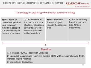 10
EXTENSIVE EXPLORATION FOR ORGANIC GROWTH
TSX: SVM | NYSE AMERICAN SVM
1) Drill above or
beneath stopes that
were previously
mined but stopped
due to variability in
the vein structures
2) Drill for veins in
the resource area at
shallower elevations
(closer to surface)
where only limited
drilling was done
3) Drill the newly
discovered gold
veins in the resource
area
4) Step-out drilling
from the resource
area for new
discoveries
The strategy of organic growth through extensive drilling
Benefits
1) Increased FY2023 Production Guidance
2) Upgraded resource and reserve in the Sep 2022 MRE, which included a 110%
increase in gold reserves
3) Making new discoveries
 
