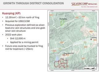 17
TSX: SVM | NYSE AMERICAN SVM
Kuanping (KP)
• 12.39 km2,~33 km north of Ying
• Acquired for US$13.5M
• Previous exploration defined six silver-
lead-zinc vein structures and one gold-
silver vein structure
• 2022 work plan:
• Drill 12,000 m
• Applied for a mining permit
• Future ores could be trucked to Ying
mill for treatment (~25km)
GROWTH THROUGH DISTRICT CONSOLIDATION
 