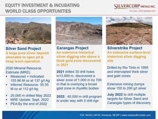 18
EQUITY INVESTMENT & INCUBATING
WORLD CLASS OPPORTUNITIES TSX: SVM | NYSE AMERICAN SVM
 