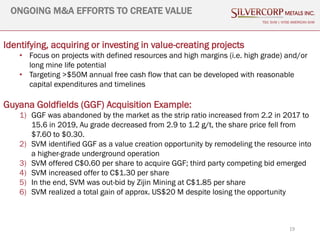 19
ONGOING M&A EFFORTS TO CREATE VALUE
TSX: SVM | NYSE AMERICAN SVM
Identifying, acquiring or investing in value-creating projects
• Focus on projects with defined resources and high margins (i.e. high grade) and/or
long mine life potential
• Targeting >$50M annual free cash flow that can be developed with reasonable
capital expenditures and timelines
Guyana Goldfields (GGF) Acquisition Example:
1) GGF was abandoned by the market as the strip ratio increased from 2.2 in 2017 to
15.6 in 2019, Au grade decreased from 2.9 to 1.2 g/t, the share price fell from
$7.60 to $0.30.
2) SVM identified GGF as a value creation opportunity by remodeling the resource into
a higher-grade underground operation
3) SVM offered C$0.60 per share to acquire GGF; third party competing bid emerged
4) SVM increased offer to C$1.30 per share
5) In the end, SVM was out-bid by Zijin Mining at C$1.85 per share
6) SVM realized a total gain of approx. US$20 M despite losing the opportunity
 