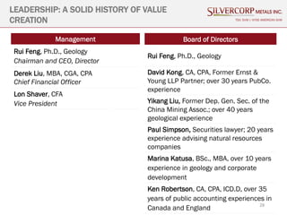 28
LEADERSHIP: A SOLID HISTORY OF VALUE
CREATION TSX: SVM | NYSE AMERICAN SVM
Management
Rui Feng, Ph.D., Geology
Chairman and CEO, Director
Derek Liu, MBA, CGA, CPA
Chief Financial Officer
Lon Shaver, CFA
Vice President
Board of Directors
Rui Feng, Ph.D., Geology
David Kong, CA, CPA, Former Ernst &
Young LLP Partner; over 30 years PubCo.
experience
Yikang Liu, Former Dep. Gen. Sec. of the
China Mining Assoc.; over 40 years
geological experience
Paul Simpson, Securities lawyer; 20 years
experience advising natural resources
companies
Marina Katusa, BSc., MBA, over 10 years
experience in geology and corporate
development
Ken Robertson, CA, CPA, ICD.D, over 35
years of public accounting experiences in
Canada and England
 