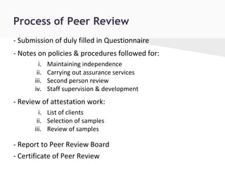 - Submission of duly filled in Questionnaire
- Notes on policies & procedures followed for:
i. Maintaining independence
ii. Carrying out assurance services
iii. Second person review
iv. Staff supervision & development
- Review of attestation work:
i. List of clients
ii. Selection of samples
iii. Review of samples
- Report to Peer Review Board
- Certificate of Peer Review
Process of Peer Review
 
