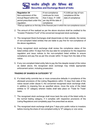 ¼ããÀ¦ããè¾ã ¹ãÆãä¦ã¼ãîãä¦ã ‚ããõÀ ãäÌããä¶ã½ã¾ã ºããñ¡Ã
Securities and Exchange Board of India
Page 4 of 7
Regulation 34
Non-submission of the
Annual Report within the
period prescribed under this
regulation.
If non-compliance
continues for more
than 5 days, ₹ 1,000
per day till the date of
compliance
₹ 2,000 per day of non-
compliance till the
date of compliance
*Paid up capital as on first day of the financial year in which the non-compliance occurs.
2. The amount of fine realized as per the above structure shall be credited to the
"Investor Protection Fund" of the concerned recognized stock exchange.
3. The recognized Stock Exchanges shall disseminate on their website, the names
of non-compliant listed entities that are liable to pay fine for non-compliance of
the above regulations.
4. Every recognized stock exchange shall review the compliance status of the
listed entities within 15 days from the due date for compliance for the respective
regulation and issue notices to the non-compliant listed entities to ensure
compliance and pay fine as per this circular within 15 days from the date of the
notice.
5. If any non-compliant listed entity fails to pay the fine despite receipt of the notice
as stated above, the recognized stock exchange may initiate appropriate
enforcement action, including prosecution.
TRADING OF SHARES IN CATEGORY "Z"
6. If a listed entity commits two or more consecutive defaults in compliance of the
aforesaid provisions of the Listing Regulations within 15 days from date of the
notice issued under clause 4, the concerned recognised stock exchange shall,
in addition to imposing fine as specified above, move the scrip of the listed
entities to "Z" category wherein trades shall take place on 'Trade for Trade'
basis.
7. The recognised stock exchange shall move back the scrip of the listed entity to
the normal trading category, if it complies with respective provisions of the
Listing Regulations and completely pays fine prescribed as above.
8. The recognized stock exchange shall give 7 days prior public notice to investors
before moving the share of non-compliant entity to "Z" category or vice versa.
 