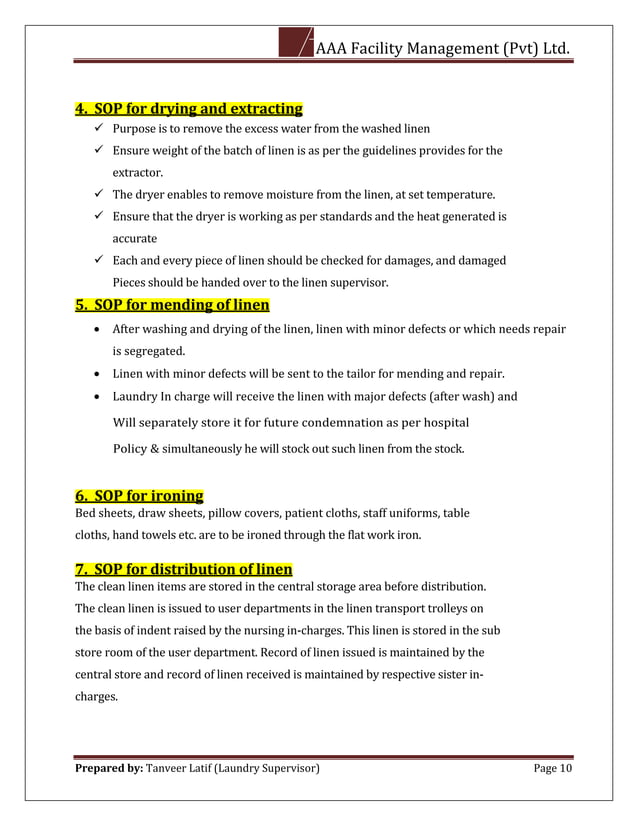 Laundry Procedure.pdf Standard Operating Procedure of Laundry Department | PDF