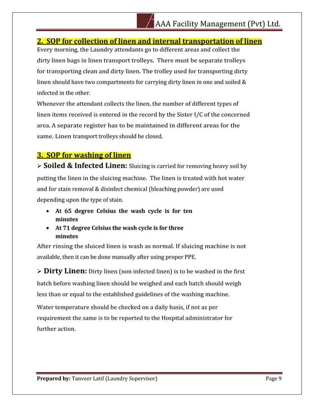 Laundry Procedure.pdf Standard Operating Procedure of Laundry Department | PDF