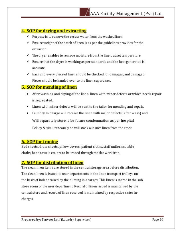 Standard Operating Procedure Of Laundry Department