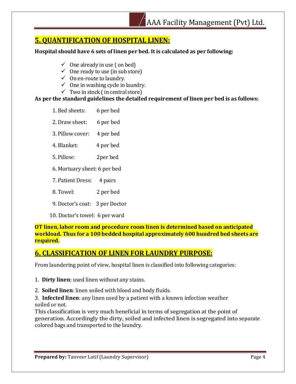 Standard Operating Procedure of Laundry Department