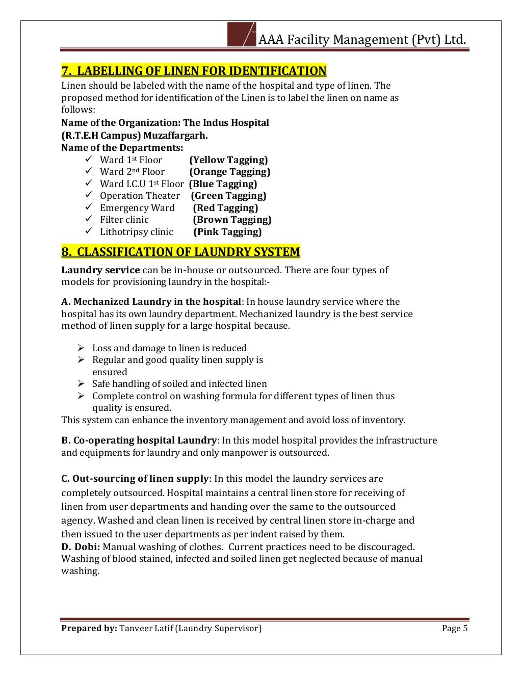 Standard Operating Procedure of Laundry Department