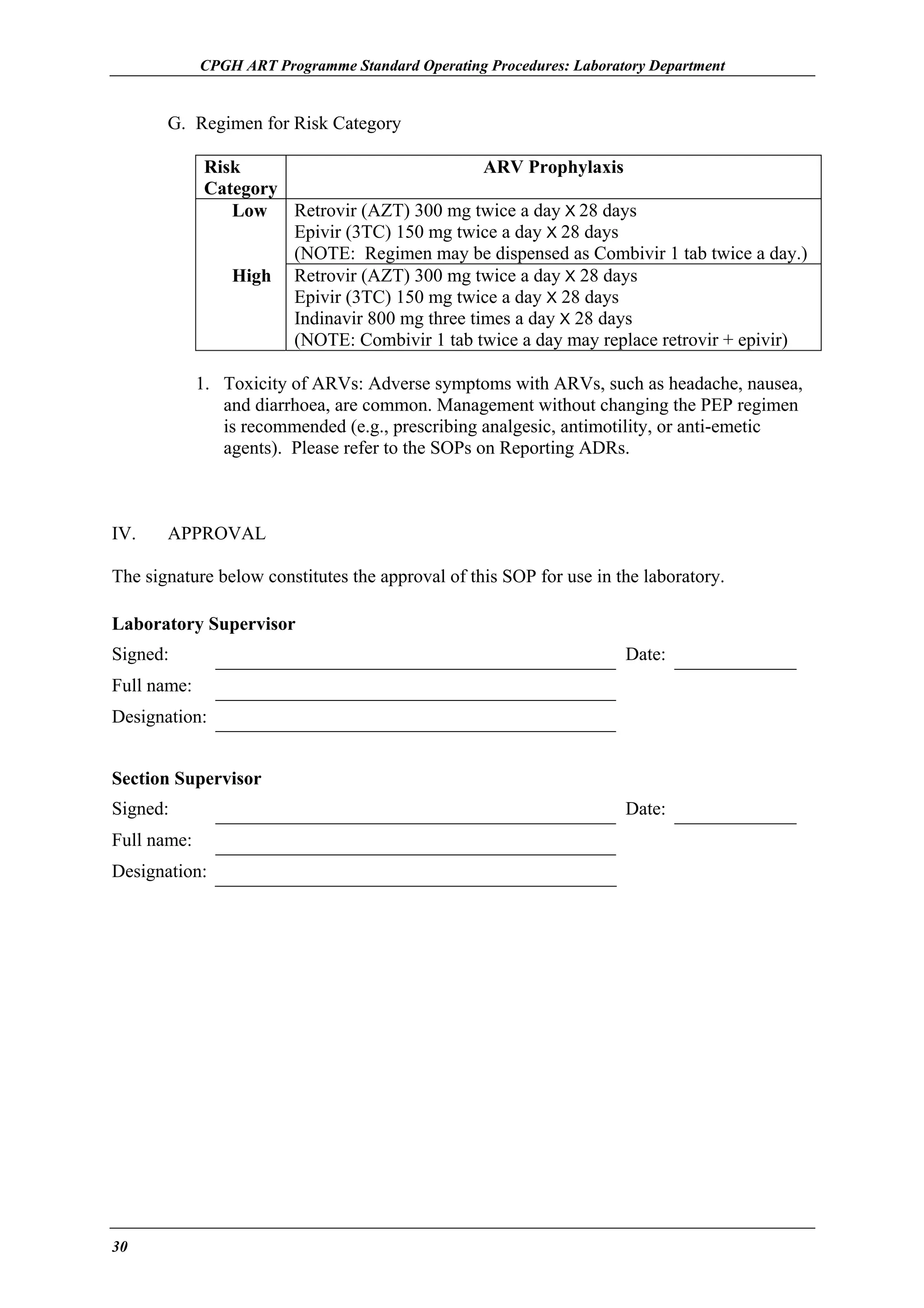 CPGH ART Programme Standard Operating Procedures: Laboratory Department

G. Regimen for Risk Category
Risk
ARV Prophylaxis
Category
Low Retrovir (AZT) 300 mg twice a day X 28 days
Epivir (3TC) 150 mg twice a day X 28 days
(NOTE: Regimen may be dispensed as Combivir 1 tab twice a day.)
High Retrovir (AZT) 300 mg twice a day X 28 days
Epivir (3TC) 150 mg twice a day X 28 days
Indinavir 800 mg three times a day X 28 days
(NOTE: Combivir 1 tab twice a day may replace retrovir + epivir)
1. Toxicity of ARVs: Adverse symptoms with ARVs, such as headache, nausea,
and diarrhoea, are common. Management without changing the PEP regimen
is recommended (e.g., prescribing analgesic, antimotility, or anti-emetic
agents). Please refer to the SOPs on Reporting ADRs.

IV.

APPROVAL

The signature below constitutes the approval of this SOP for use in the laboratory.
Laboratory Supervisor
Signed:

Date:

Full name:
Designation:
Section Supervisor
Signed:
Full name:
Designation:

30

Date:

 