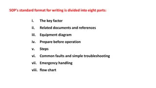 SOP's standard format for writing is divided into eight parts:
i. The key factor
ii. Related documents and references
iii. Equipment diagram
iv. Prepare before operation
v. Steps
vi. Common faults and simple troubleshooting
vii. Emergency handling
viii. flow chart
 