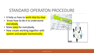 STANDARD OPERATON PROCEDURE
• It help us how to work step by step
• know how to do it to understand
everybody.
• Make easy for everybody.
• How create working together with
system and people harmonically.
PREPARED BY CHUE MIN 12/27/2020
 