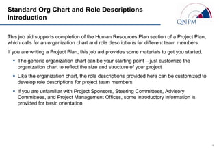 Standard Org Chart and Role Descriptions
Introduction

This job aid supports completion of the Human Resources Plan section of a Project Plan,
which calls for an organization chart and role descriptions for different team members.
If you are writing a Project Plan, this job aid provides some materials to get you started.
   The generic organization chart can be your starting point – just customize the
    organization chart to reflect the size and structure of your project
   Like the organization chart, the role descriptions provided here can be customized to
    develop role descriptions for project team members
   If you are unfamiliar with Project Sponsors, Steering Committees, Advisory
    Committees, and Project Management Offices, some introductory information is
    provided for basic orientation




                                                                                              1
 