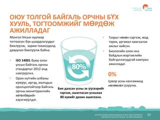 БҮХ ЭРХ ХУУЛИАР ХАМГААЛАГДСАН © 2012, ОЮУ ТОЛГОЙ ХХК
COPYRIGHT © 2012 OYU TOLGOI , ALL RIGHTS RESERVED
23
ОЮУ ТОЛГОЙ БАЙГАЛЬ ОРЧНЫ БҮХ
ХУУЛЬ, ТОГТООМЖИЙГ МӨРДӨЖ
АЖИЛЛАДАГ
• ISO 14001 буюу олон
улсын байгаль орчны
стандартыг 2012 онд
нэвтрүүлнэ.
• Орон нутгийн албаны
хүмүүс, иргэд, малчдын
оролцоотойгоор Байгаль
орчны мониторингийн
хөтөлбөрийг
хэрэгжүүлдэг.
Монгол Улсын хуулиар
тогтоосон бүх шаардлагуудыг
биелүүлж, зарим тохиолдолд
давуулан биелүүлж байна.
Бие даасан усны эх үүсвэрийг
гаргаж, ашигласан усныхаа
80 хувийг дахин ашиглана.
• Газрыг нөхөн сэргээх, мод
тарих, ургамал хамгаалах
ажлыг хийсэн.
• Биологийн олон янз
байдлын мэргэжлийн
байгууллагуудтай хамтран
ажилладаг.
0%
Цэвэр усны хангамжид
нөлөөлөл үзүүлэх.
 