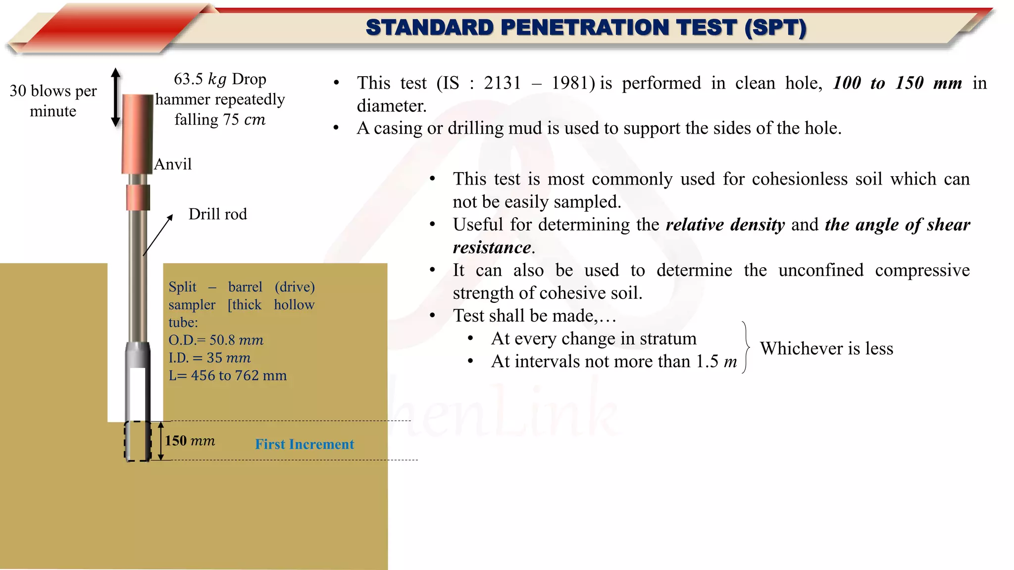 MachenLink
STANDARD PENETRATION TEST (SPT)
63.5 𝑘𝑔 Drop
hammer repeatedly
falling 75 𝑐𝑚
Anvil
150 𝑚𝑚
Drill rod
Split – barrel (drive)
sampler [thick hollow
tube:
O.D.= 50.8 𝑚𝑚
I.D. = 35 𝑚𝑚
L= 456 to 762 mm
First Increment
30 blows per
minute
• This test (IS : 2131 – 1981) is performed in clean hole, 100 to 150 mm in
diameter.
• A casing or drilling mud is used to support the sides of the hole.
• This test is most commonly used for cohesionless soil which can
not be easily sampled.
• Useful for determining the relative density and the angle of shear
resistance.
• It can also be used to determine the unconfined compressive
strength of cohesive soil.
• Test shall be made,…
• At every change in stratum
• At intervals not more than 1.5 m
Whichever is less
 