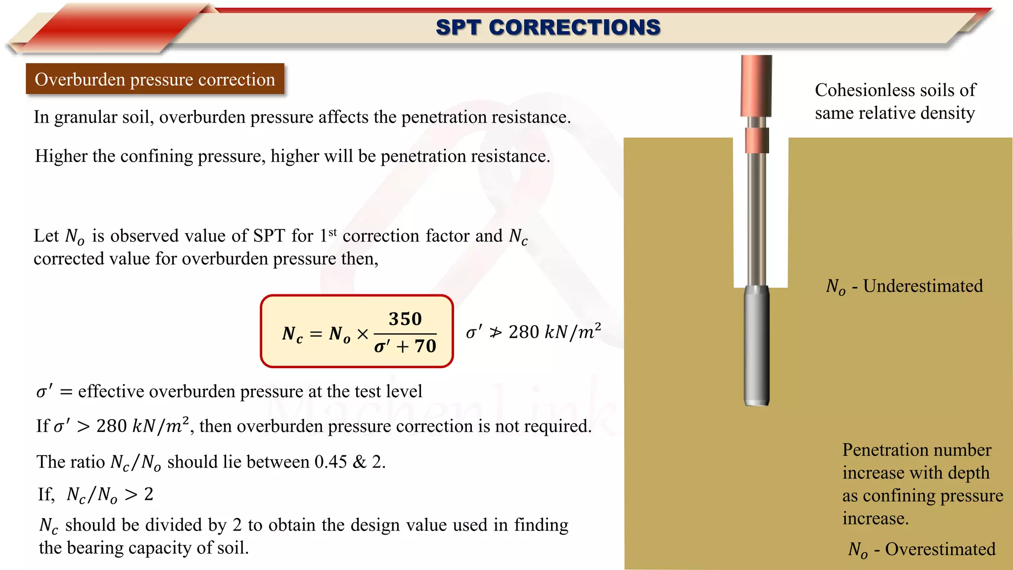 MachenLink
SPT CORRECTIONS
Overburden pressure correction
Let 𝑁𝑜 is observed value of SPT for 1st correction factor and 𝑁𝑐
corrected value for overburden pressure then,
𝑵 𝒄 = 𝑵 𝒐 ×
𝟑𝟓𝟎
𝝈′ + 𝟕𝟎
𝜎′
≯ 280 𝑘𝑁/𝑚²
𝜎′ = effective overburden pressure at the test level
If 𝜎′
> 280 𝑘𝑁/𝑚², then overburden pressure correction is not required.
The ratio 𝑁𝑐 𝑁𝑜 should lie between 0.45 & 2.
𝑁𝑐 𝑁𝑜 > 2If,
𝑁𝑐 should be divided by 2 to obtain the design value used in finding
the bearing capacity of soil.
In granular soil, overburden pressure affects the penetration resistance.
Higher the confining pressure, higher will be penetration resistance.
Cohesionless soils of
same relative density
Penetration number
increase with depth
as confining pressure
increase.
𝑁𝑜 - Overestimated
𝑁𝑜 - Underestimated
 