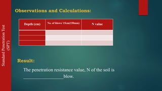 StandardPenetrationTest
(SPT)
Observations and Calculations:
Depth (cm) No. of blows/ 15cm(150mm) N value
Result:
The penetration resistance value, N of the soil is
_________________blow.
 