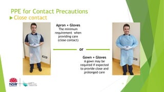 PPE for Contact Precautions
Clinical Excellence Commission 24
 Close contact
Apron + Gloves
The minimum
requirement when
providing care
(close contact)
Gown + Gloves
A gown may be
required if expected
to provide close and
prolonged care
or
 