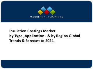 www.MarketsandMarkets.com
Insulation Coatings Market
by Type ,Application - & by Region Global
Trends & Forecast to 2021
 