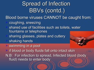 Spread of InfectionSpread of Infection
BBVs (contd.)BBVs (contd.)
Blood borne viruses CANNOT be caught from:Blood borne viruses CANNOT be caught from:
 coughing, sneezingcoughing, sneezing
 shared use of facilities such as toilets, watershared use of facilities such as toilets, water
fountains or telephonesfountains or telephones
 sharing glasses, plates and cutlerysharing glasses, plates and cutlery
 shaking handsshaking hands
 swimming in a poolswimming in a pool
 if blood or body fluids fall onto intact skinif blood or body fluids fall onto intact skin
N.B: For infection to spread, Infected blood (bodyN.B: For infection to spread, Infected blood (body
fluid) needs to enter bodyfluid) needs to enter body
 