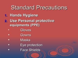Standard PrecautionsStandard Precautions
1.1. Hands HygieneHands Hygiene
2.2. Use Personal protectiveUse Personal protective
equipments (PPE)equipments (PPE)

GlovesGloves

GownsGowns

MasksMasks

Eye protectionEye protection

Face ShieldsFace Shields
 
