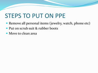 STEPS TO PUT ON PPE
 Remove all personal items (jewelry, watch, phone etc)
 Put on scrub suit & rubber boots
 Move to clean area
 
